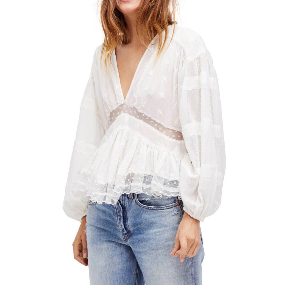 Free People L White Nostalgic Feels Lace Peasant Blouse Boho Top